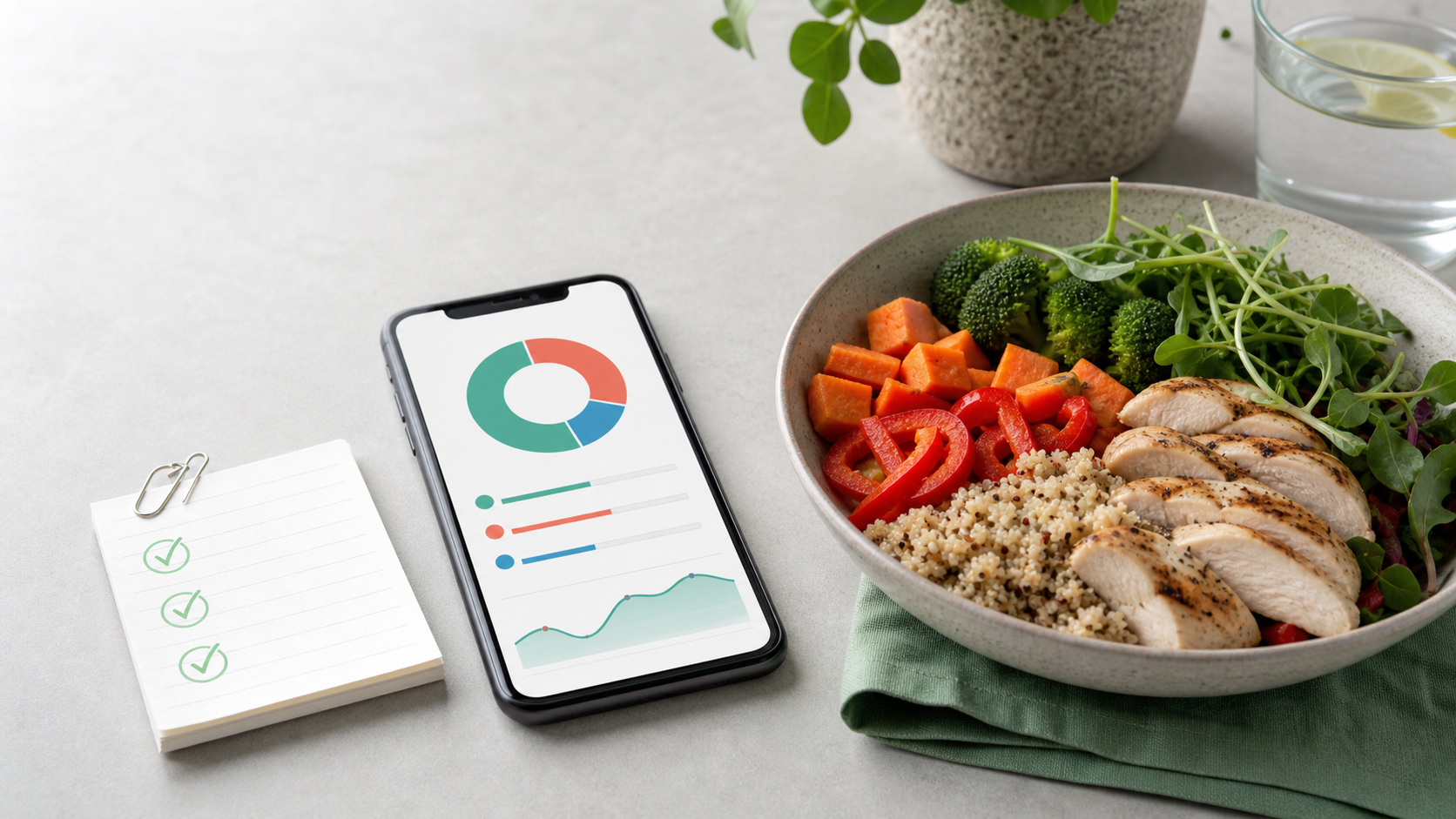 Calorie tracking phone beside a simple checklist and balanced chicken, grain, and vegetable meal