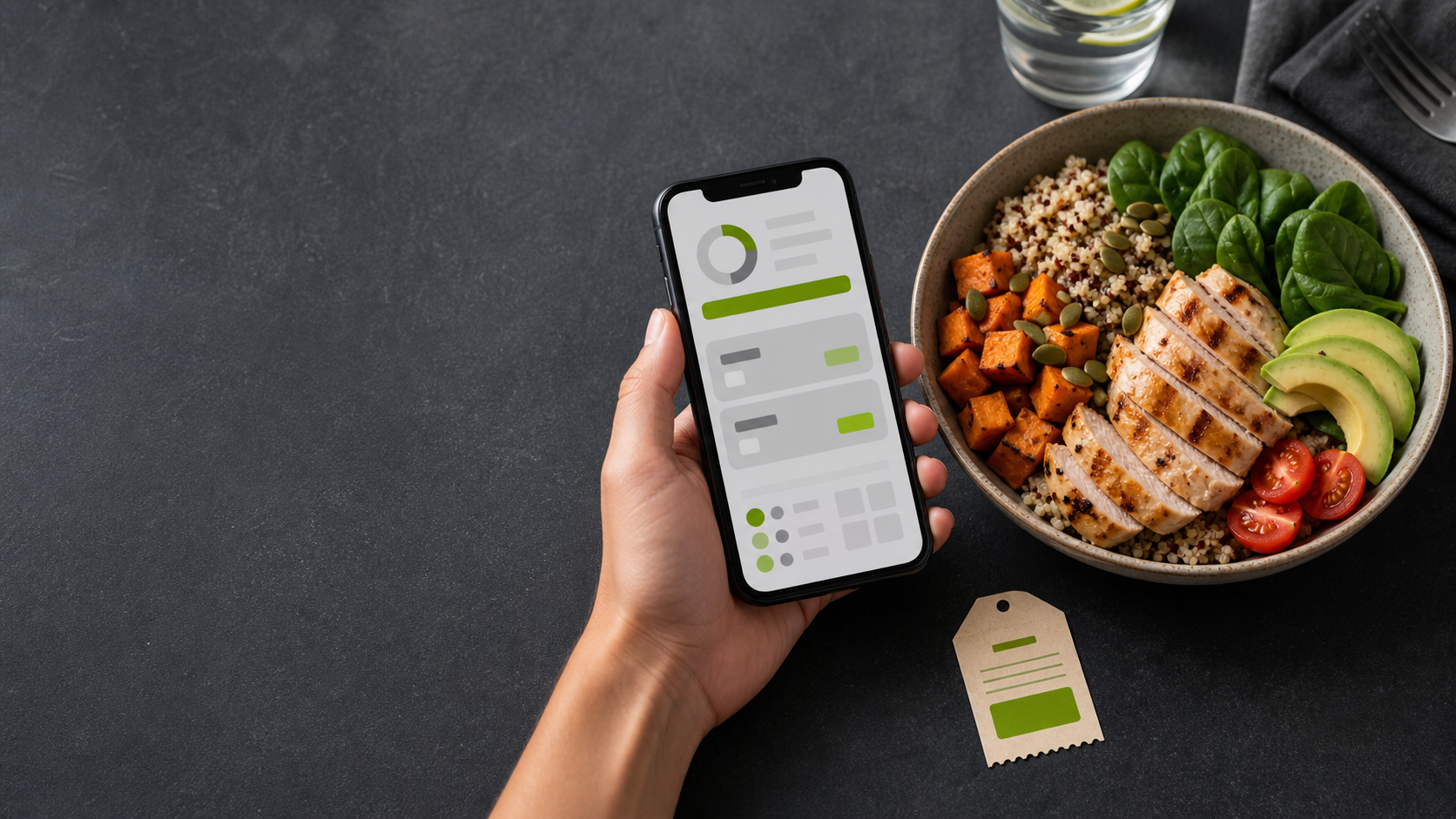 Phone-based food tracking beside a balanced meal and subscription price tag