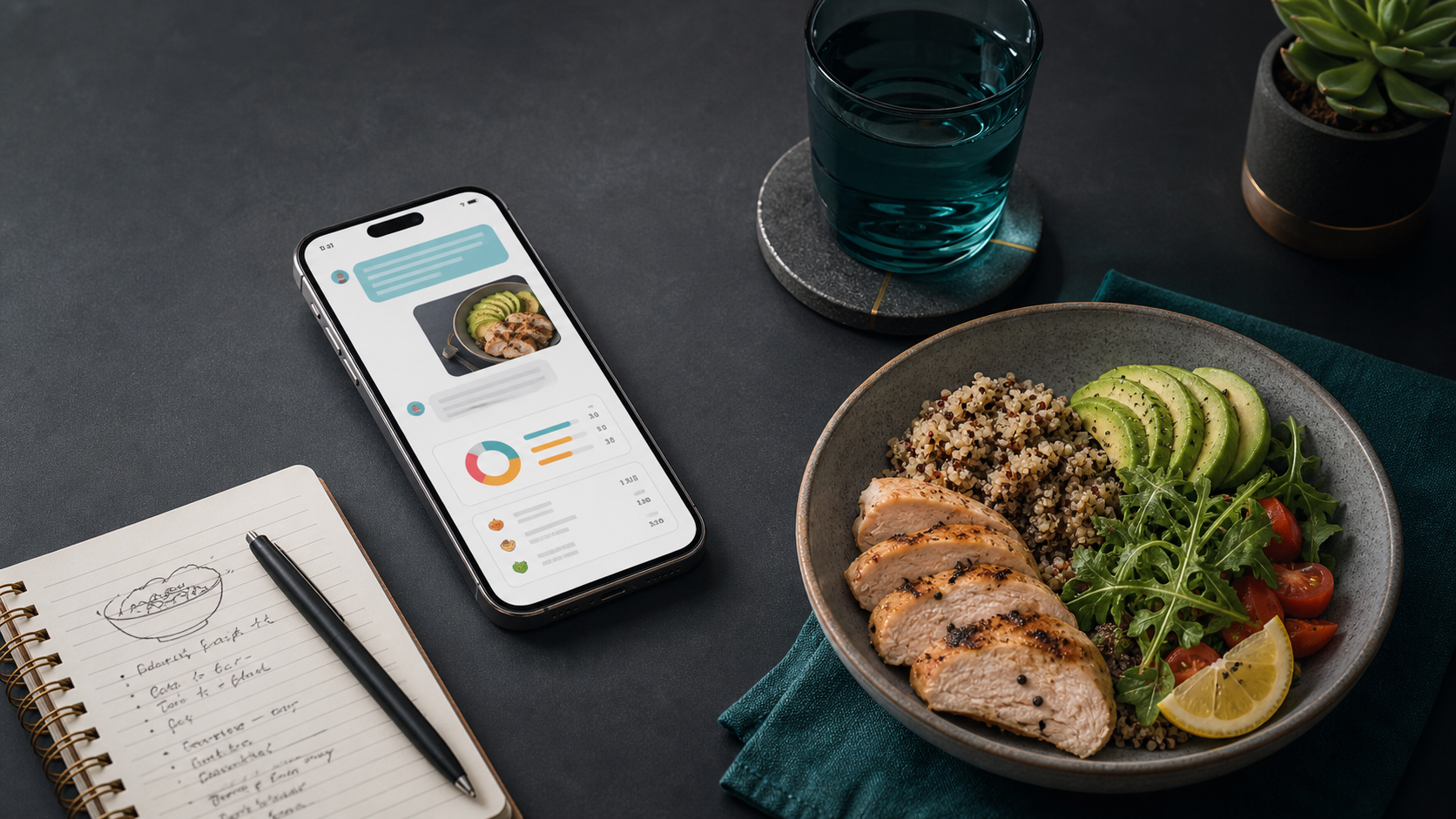 Generic conversation-style meal note and nutrition summary beside a balanced chicken grain bowl