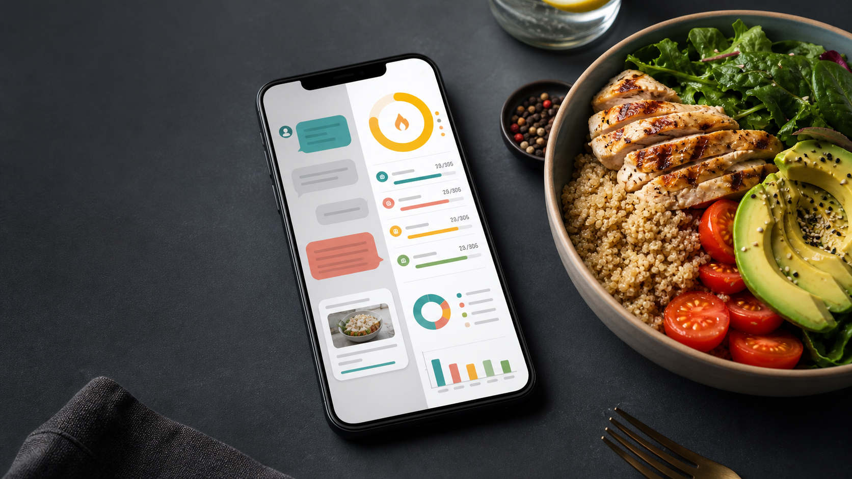 Phone showing generic conversational meal notes and nutrition tracking beside a chicken, grain, avocado, and greens bowl