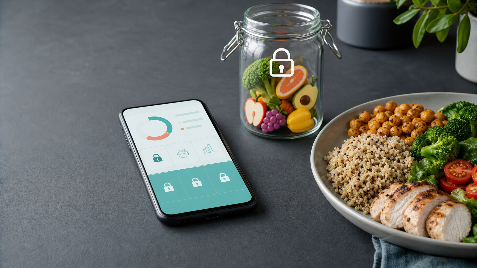 Nutrition tracking phone with feature-access locks and a balanced chicken, grain, and vegetable meal