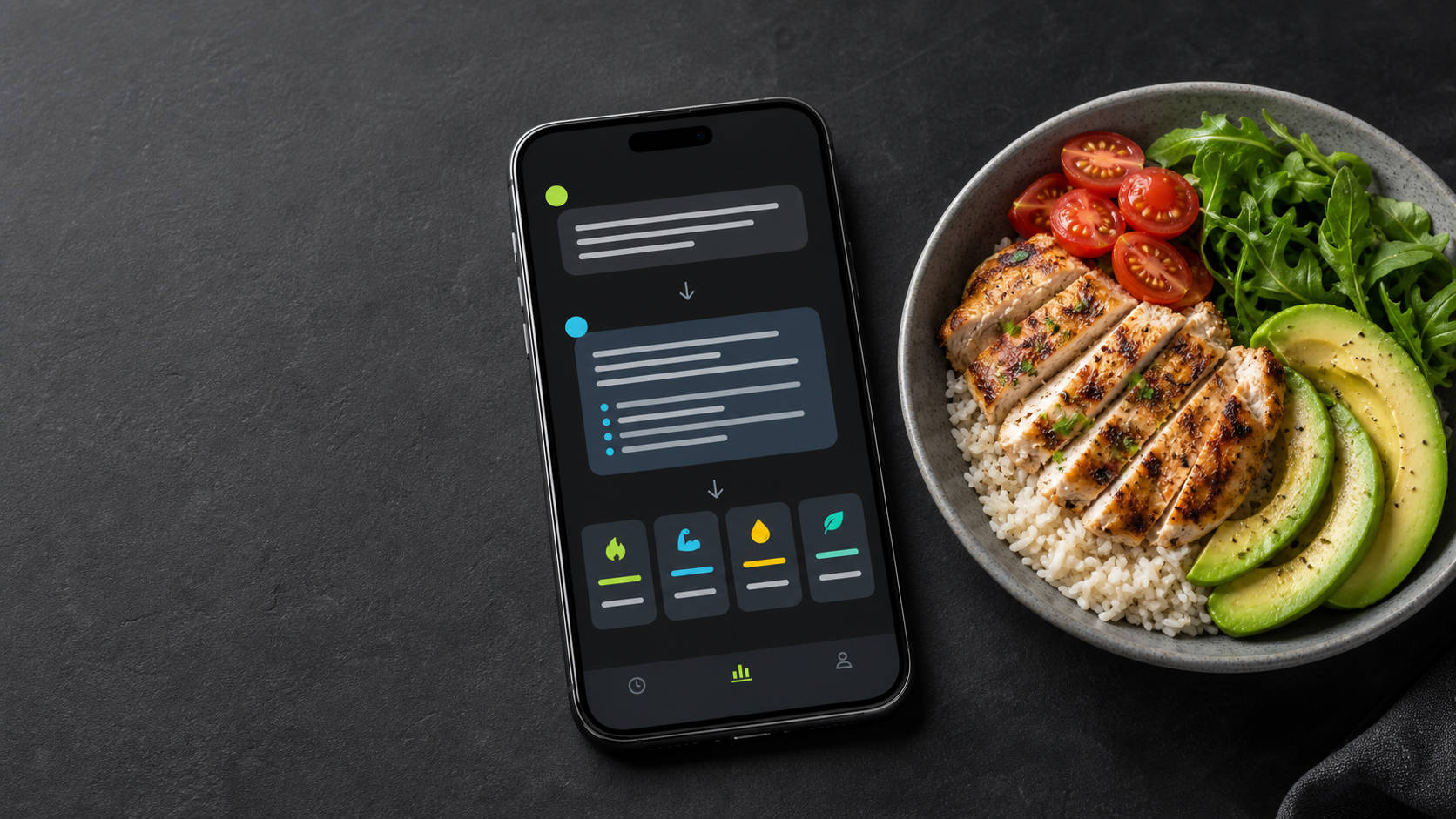 AI meal tracking concept with a phone beside a balanced chicken, rice, avocado, and greens bowl